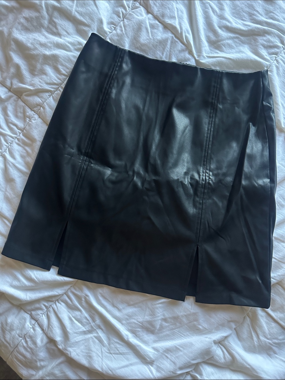 Black Faux Leather Mini Skirt with Front Slits — Women